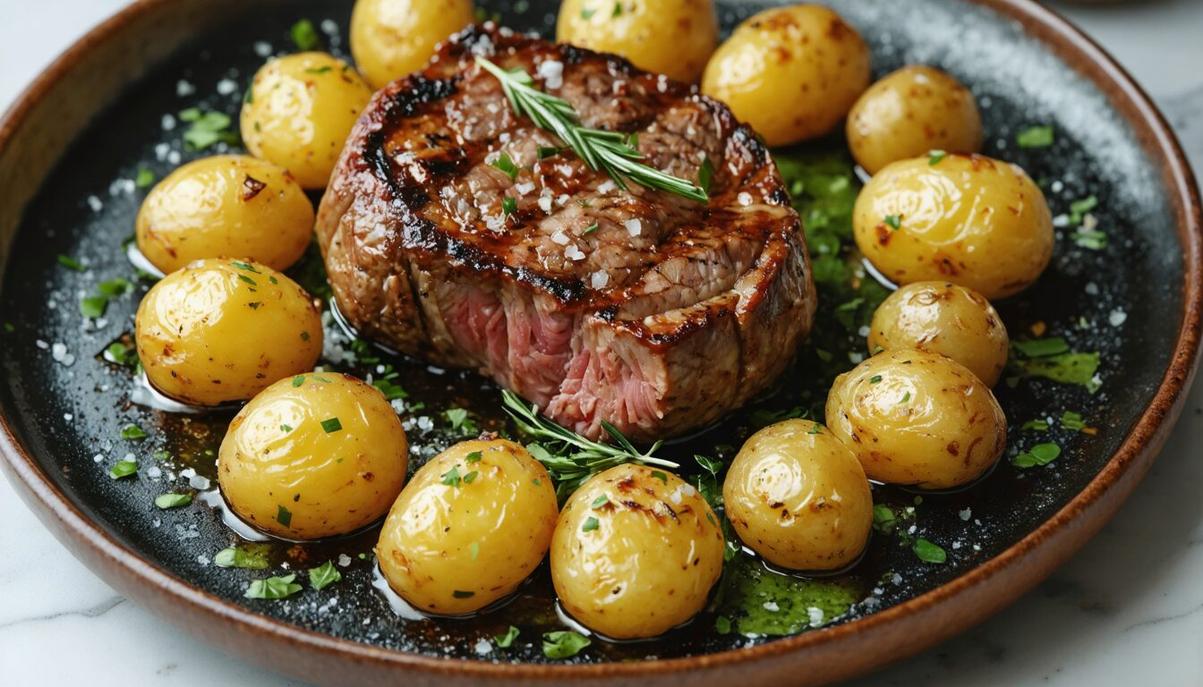 découvrez l'harmonisation parfaite entre la viande savamment cuisinée et les pommes de terre grenaille croquantes, une véritable œuvre d'art culinaire qui ravira vos papilles. une alliance subtile qui transforme chaque plat en une expérience gastronomique inoubliable.