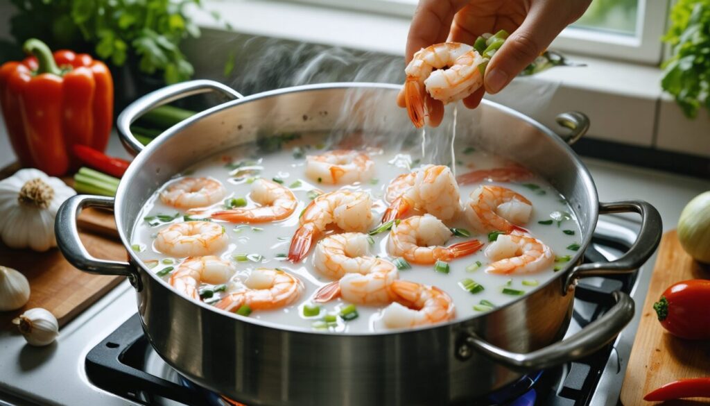 Préparation de délicieuses crevettes au lait de coco
