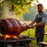 Délicieuse recette de jambon rôti à la broche sur feu de bois