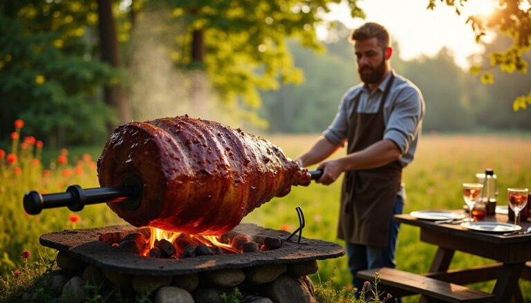 Délicieuse recette de jambon rôti à la broche sur feu de bois