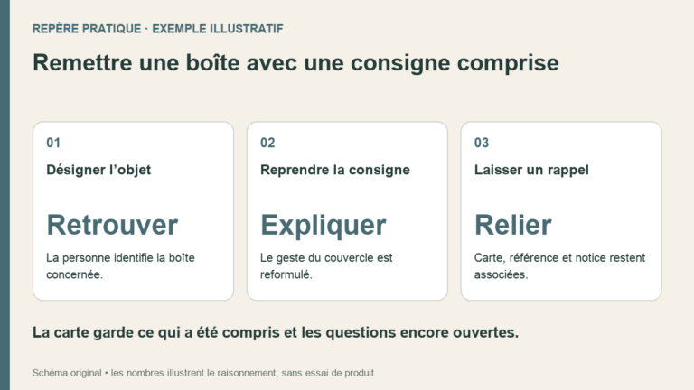 Schéma original d’une vérification à deux : retrouver le contenant, reformuler le geste documenté du couvercle et associer une carte à la notice.
