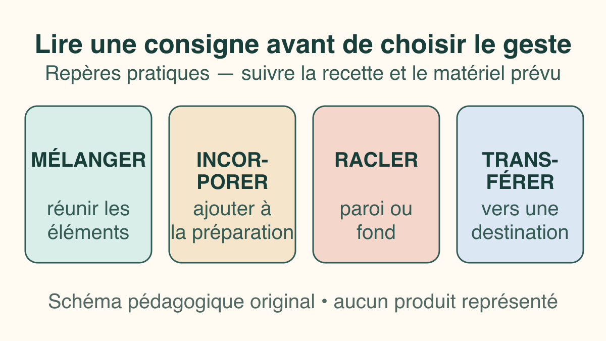 Schéma lexique non chronologique : quatre verbes de recette, chacun relié à son objet et à son intention.