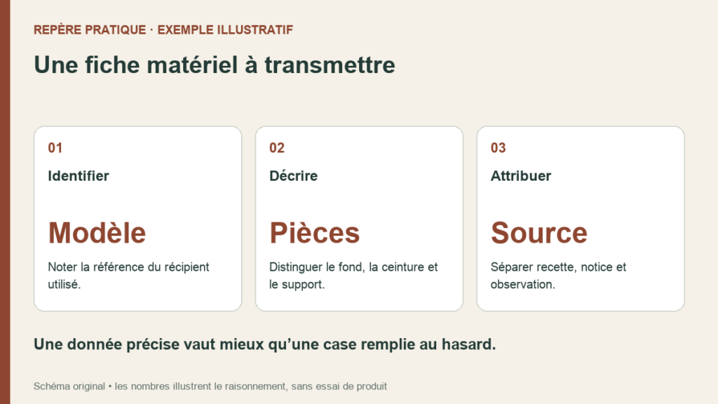 Fiche en trois parties pour identifier un moule, décrire ses pièces et attribuer les consignes.