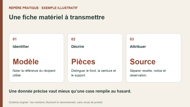 Fiche en trois parties pour identifier un moule, décrire ses pièces et attribuer les consignes.