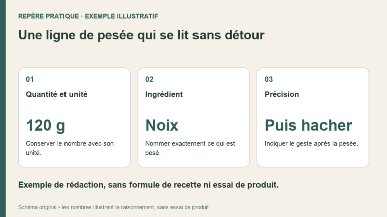 Trois cartes montrent quantité 120 g, ingrédient noix et geste puis hacher, comme exemple de ligne lisible.