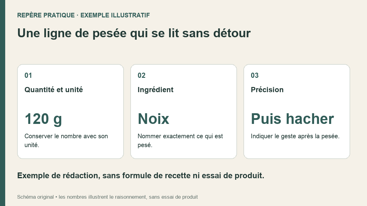 Trois cartes montrent quantité 120 g, ingrédient noix et geste puis hacher, comme exemple de ligne lisible.